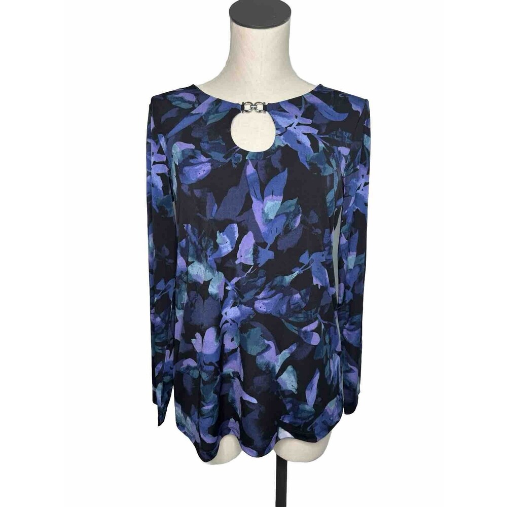 ✅SOLD SUSAN GRAVER Blue Purple Floral Top Liquid Knit Blouse QVC Size Small - Picture 1 of 12